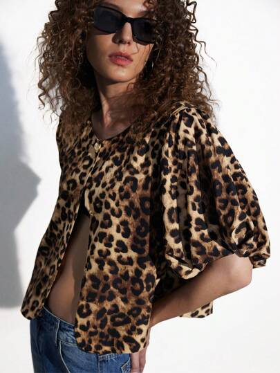 Aveloria GENKIRA Leopard Print Loose Fit Lantern Sleeve Blouse, Retro French Design With Lining, ... | SHEIN