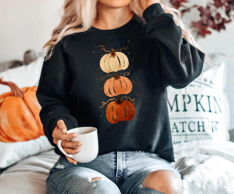 Watercolor Pumpkin Stack Sweatshirt, Cottagecore Fall Tee, Neutral Autumn Outfit, Cozy Thanksgivi... | Etsy (Global)