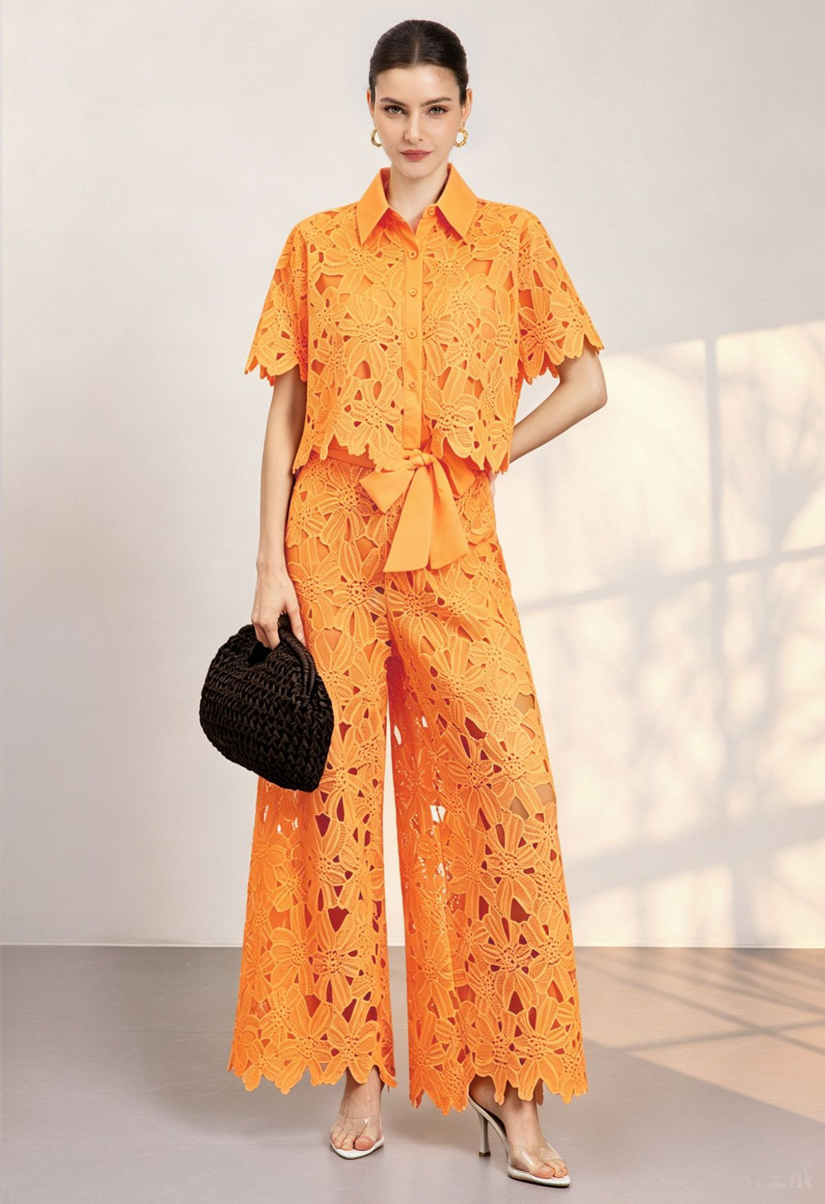 Guipure Lace Crop Shirt and Tie-Waist Pants Set in Mustard for Resort Vacations & Daytime Occasio... | Chicwish