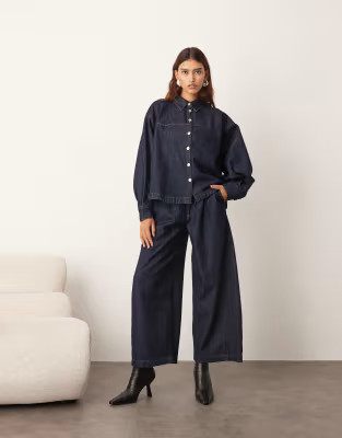 ARRANGE structured boxy denim shirt and pleat detail wide leg barrel trouser in indigo | ASOS (Global)