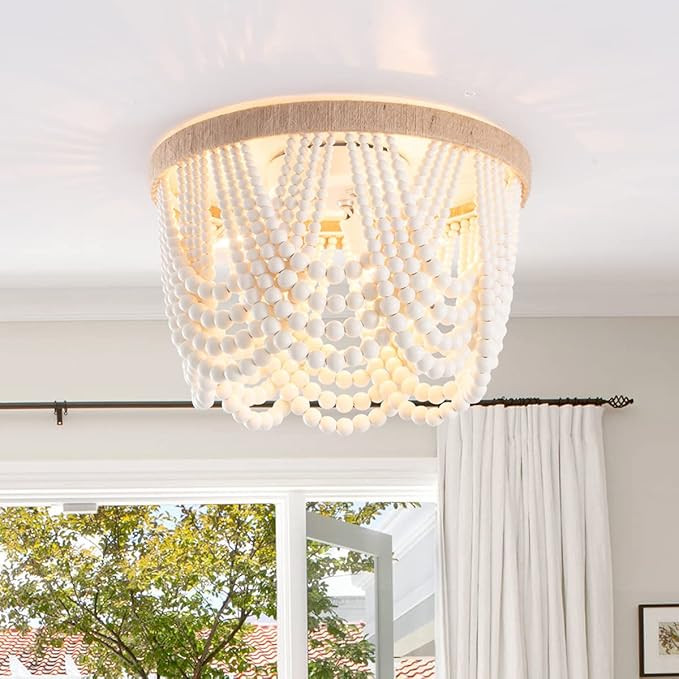 VILUXY Bohemia Wood Beaded Flush Mount Ceiling Light Antique Rustic Mini Chandelier White Finishi... | Amazon (US)