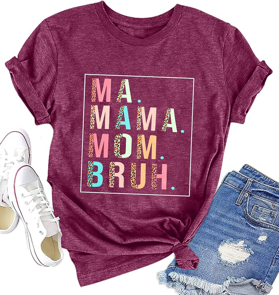 SFHFY Mama Shirts Women Ma Mama Mom Bruh Letter Print Shirt Colorful Mama Life Casual Mom Short S... | Amazon (US)