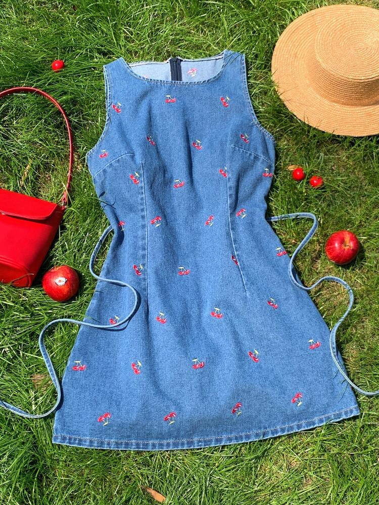 Comfortcana Women's Denim Sleeveless Mini Dress,Blueberry Summer Cottage Core Cute Picnic Holiday Cherry Print Fitted Blue Beach Graduation Country Concert Outfit | SHEIN