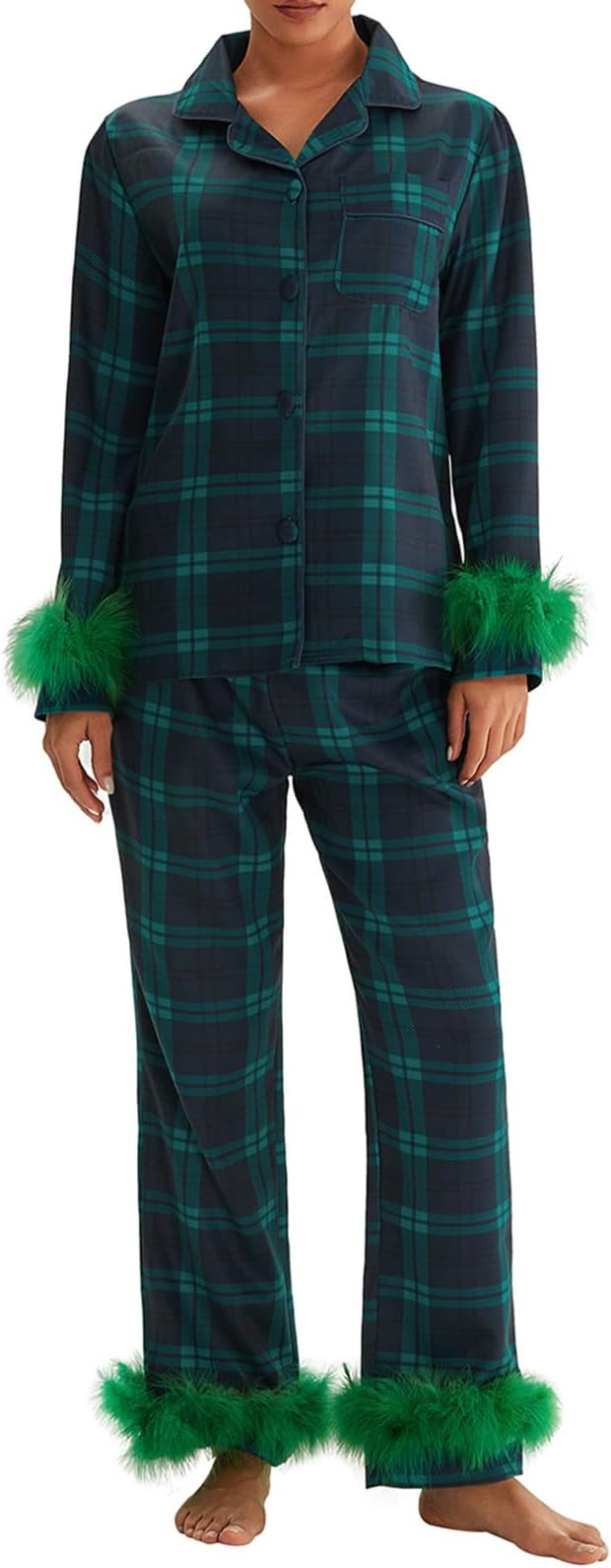 IMISSILLEB Womens Satin Silk Christmas Pajamas with Feathers Striped/Plaid/Santa Claus Print Butt... | Amazon (US)