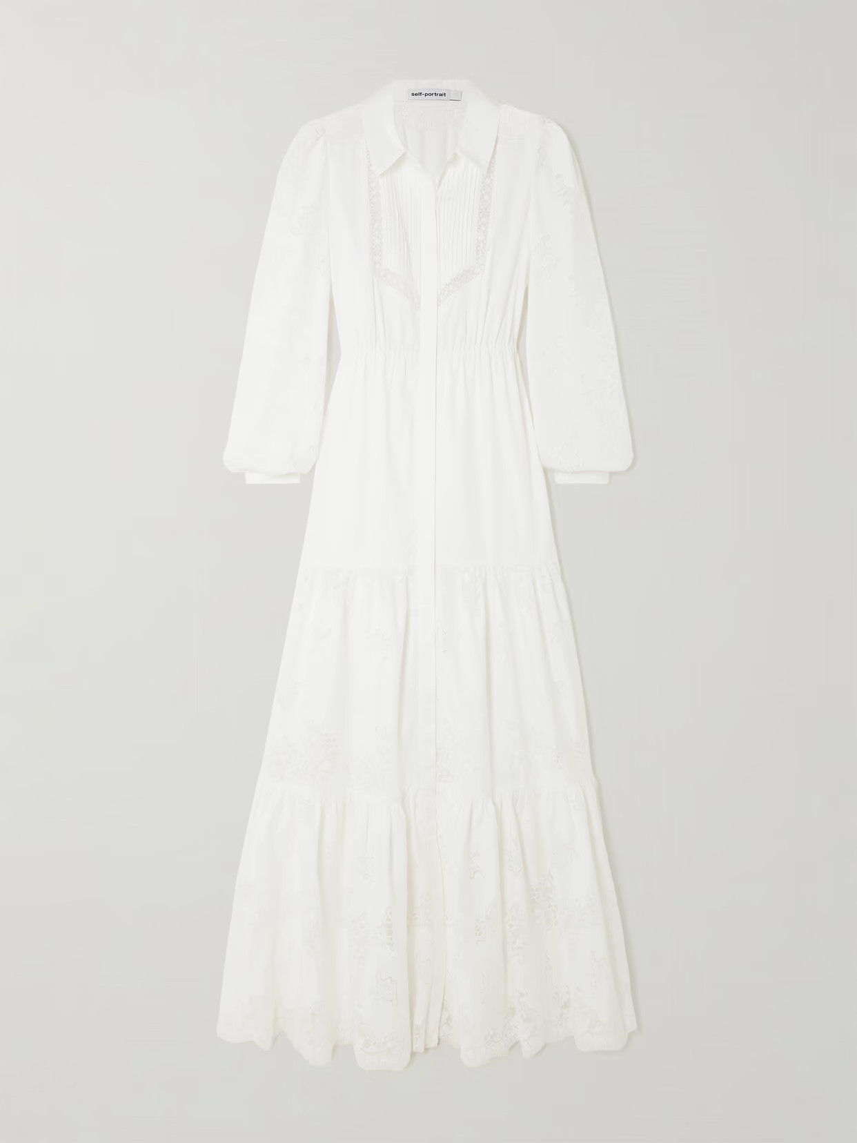 Self-Portrait - Tiered Pintucked Lace-trimmed Cotton-poplin Maxi Dress - White | NET-A-PORTER (US)