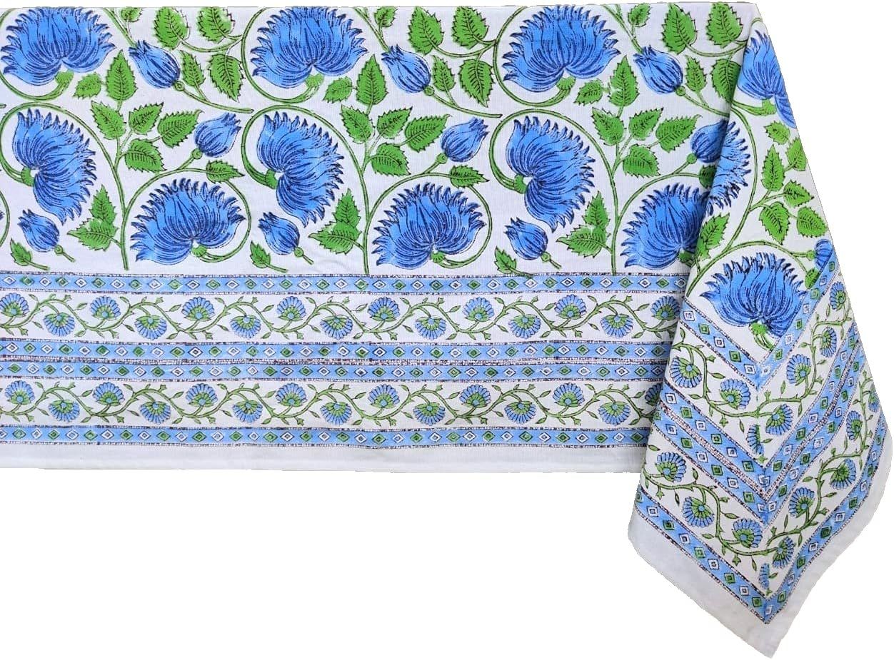 ATOSII 'Blue Lotus’ 100% Cotton Canvas Boho Rectangle Tablecloth, Handblock Print Table Cloth f... | Amazon (US)