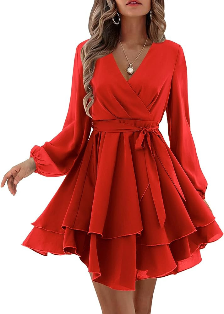 Women's 2023 Summer Fall Red Wrap Dress Mini Cocktail Dress Mini Dress With Sleeves Fall Winter | Amazon (US)