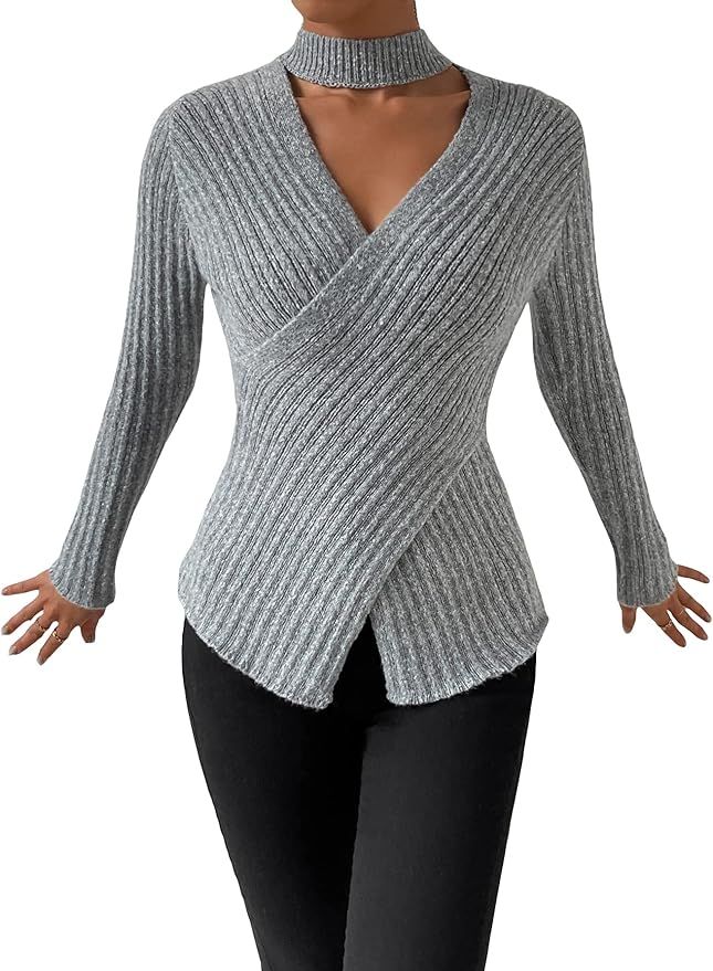 WDIRARA Women's Cut Out Choker V Neck Wrap Criss Cross Long Sleeve Rib Knit Sweater | Amazon (US)