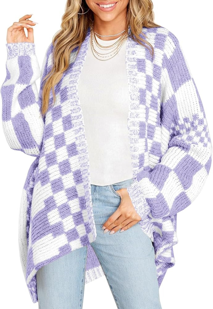 Saodimallsu Womens Checkered Sweater Color Block Plaid Cardigans Oversized Long Sleeve Knit Open ... | Amazon (US)