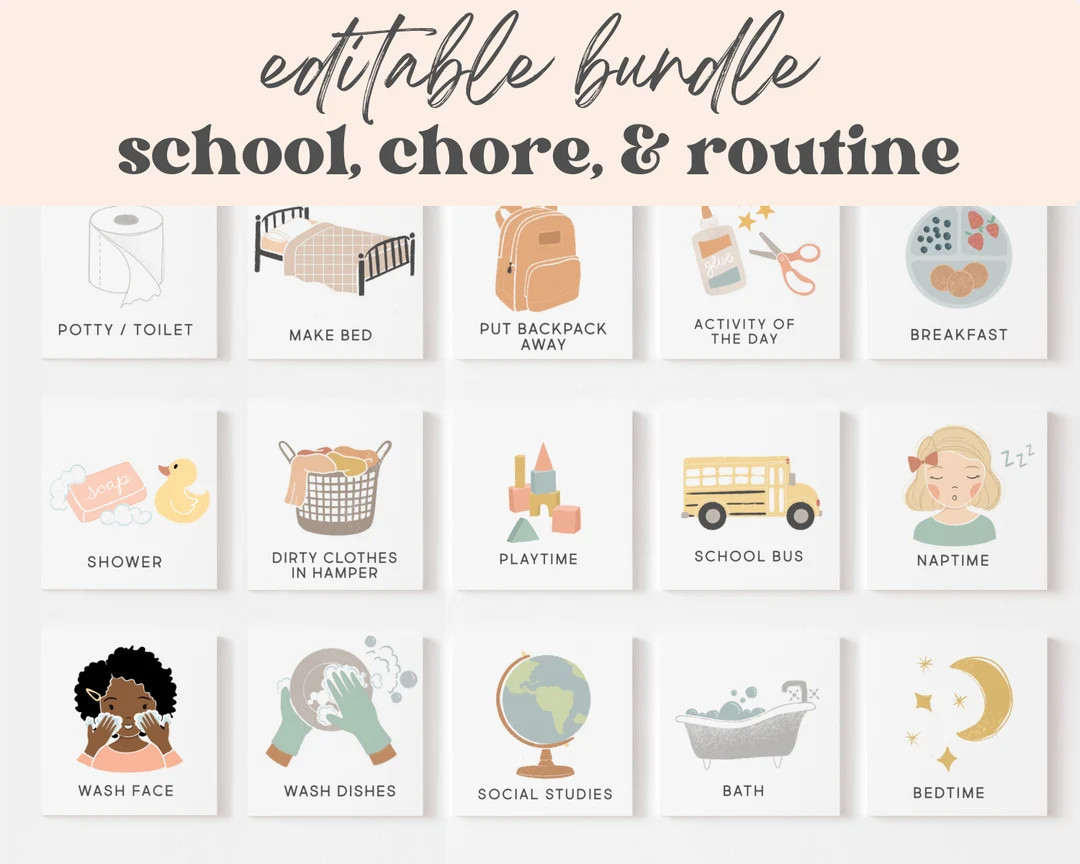 School Chore & Routine Cards Chart BUNDLE Editable Visual - Etsy | Etsy (US)