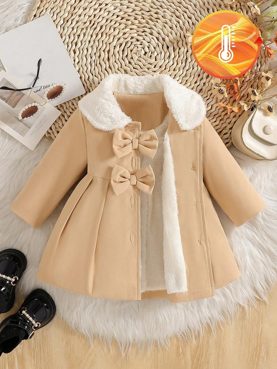 SHEIN Vintaside Kids Baby Girls' Furry Collar Bow Applique Trench Coat, Autumn/Winter Fall | SHEIN