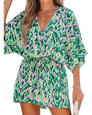 CUPSHE Women's Summer Romper Lace Up Printed Half Sleeves Casual Wide leg Vacation Outfit Mini On... | Amazon (US)