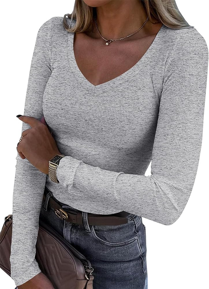 Roselux Womens Long Sleeve V Neck Ribbed Knit Fitted Casual Tops Tee Slim Basic Shirt | Amazon (US)