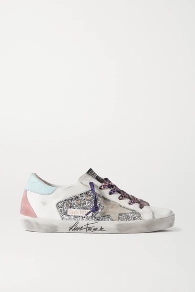 Golden Goose - Superstar Distressed Glittered Leather And Suede Sneakers - Silver | NET-A-PORTER (US)