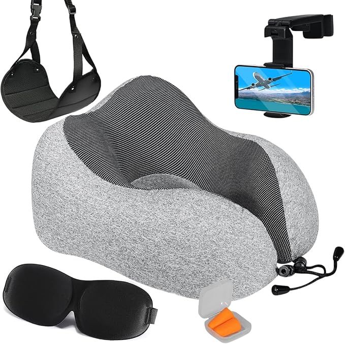 Airplane Neck Pillow Includes Travel Pillow + Airplane Phone Holder Mount + Eye Masks + Foot Hamm... | Amazon (US)