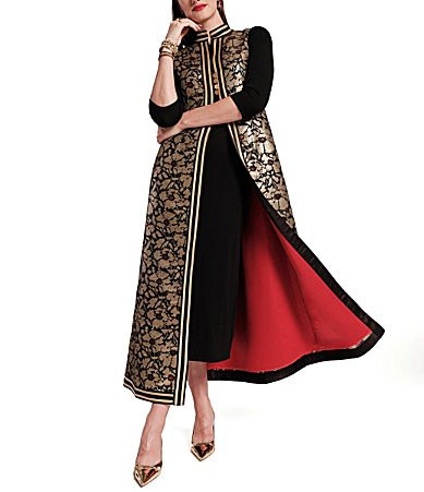 FRANCES VALENTINE Susie Winter Anemone Floral Metallic Jacquard Mandarin Collar Sleeveless Jacket Vest - 2 | Dillard's