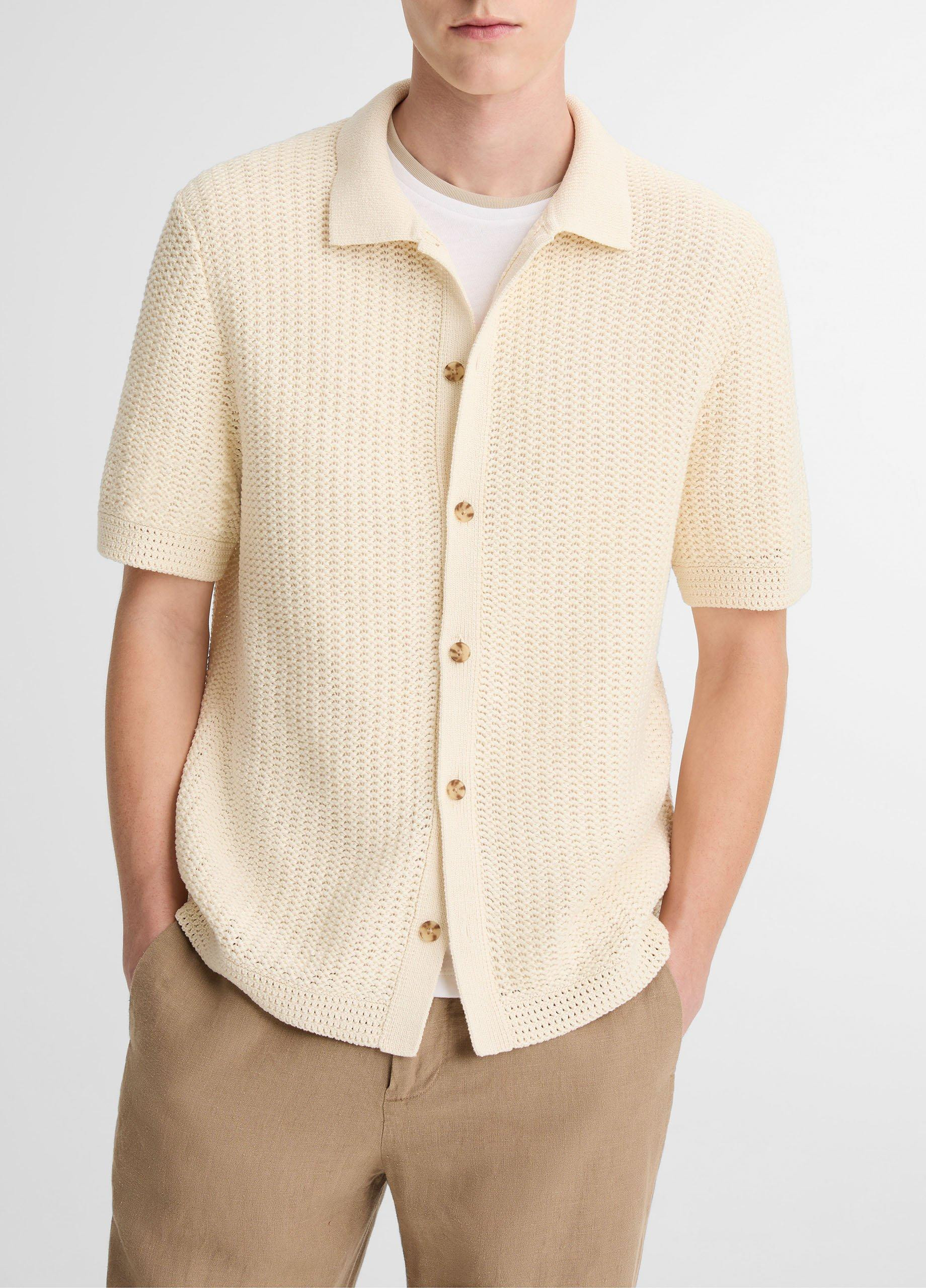 Men's Cotton Crochet Button-Front Shirt, Bone, Size XXL Vince | Vince LLC