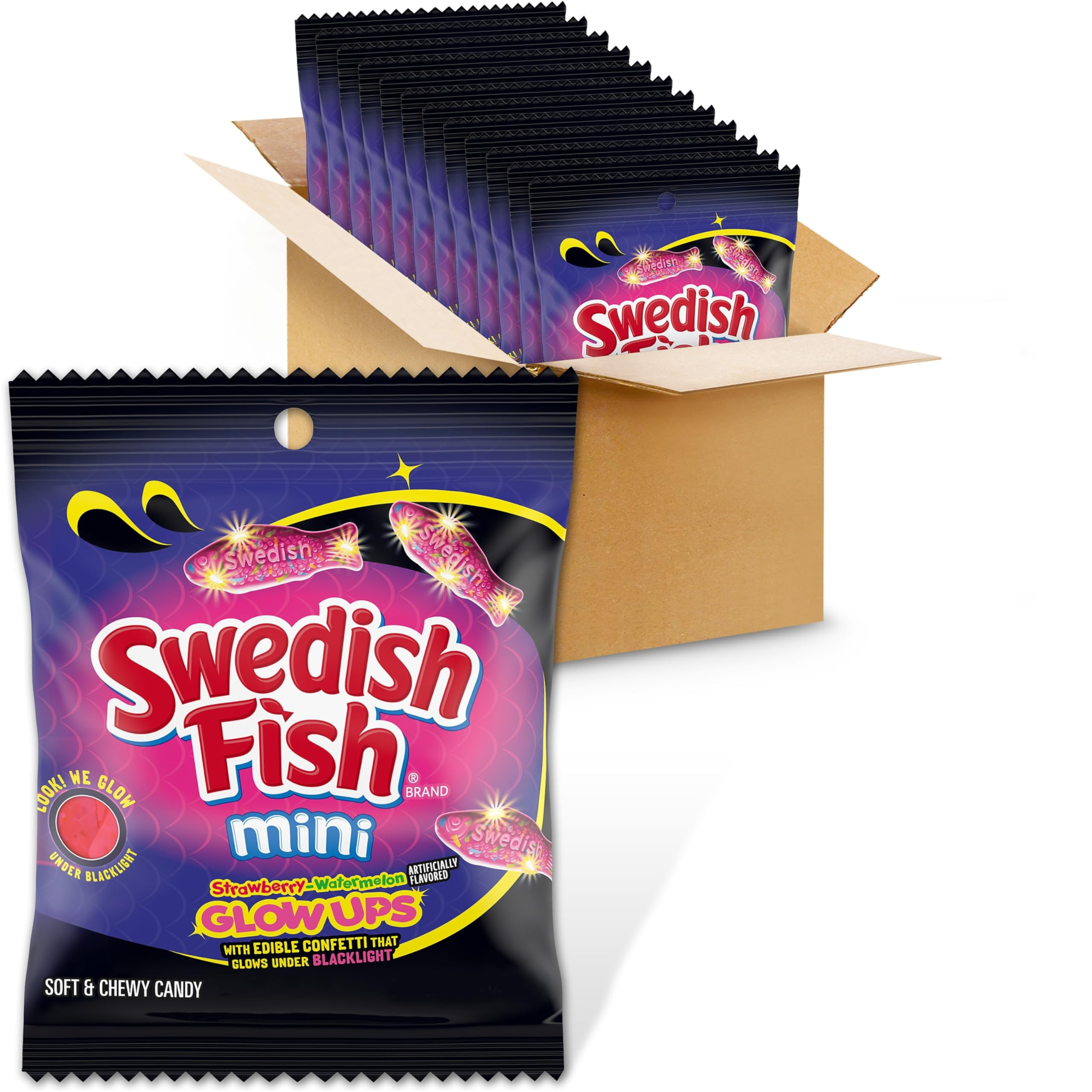 SWEDISH FISH Mini Glow Ups Strawberry-Watermelon Soft & Chewy Candy, Bulk Candy, 12-3.08 oz Bags | Amazon (US)