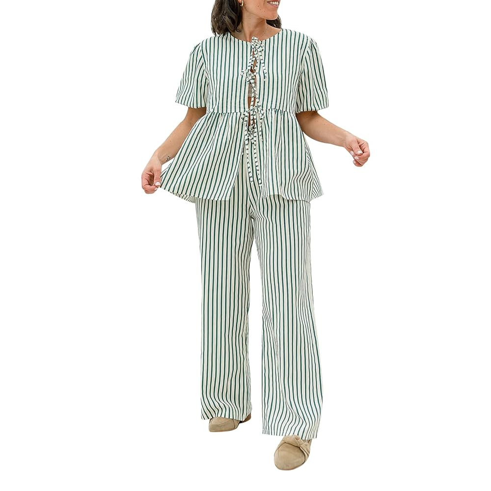 FOMOYUU Women Y2k Peplum Shirt Pant Set Two Piece Lounge Set Pajamas Sets Puff Sleeve Tie Front B... | Amazon (US)
