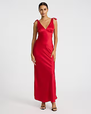 Satin V-Neck Tie Strap Maxi Dress | Express