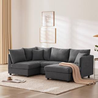 89 in. Modern L-Shaped Polyester Sectional Sofa in Dark Gray with Convertible Ottoman | The Home Depot
