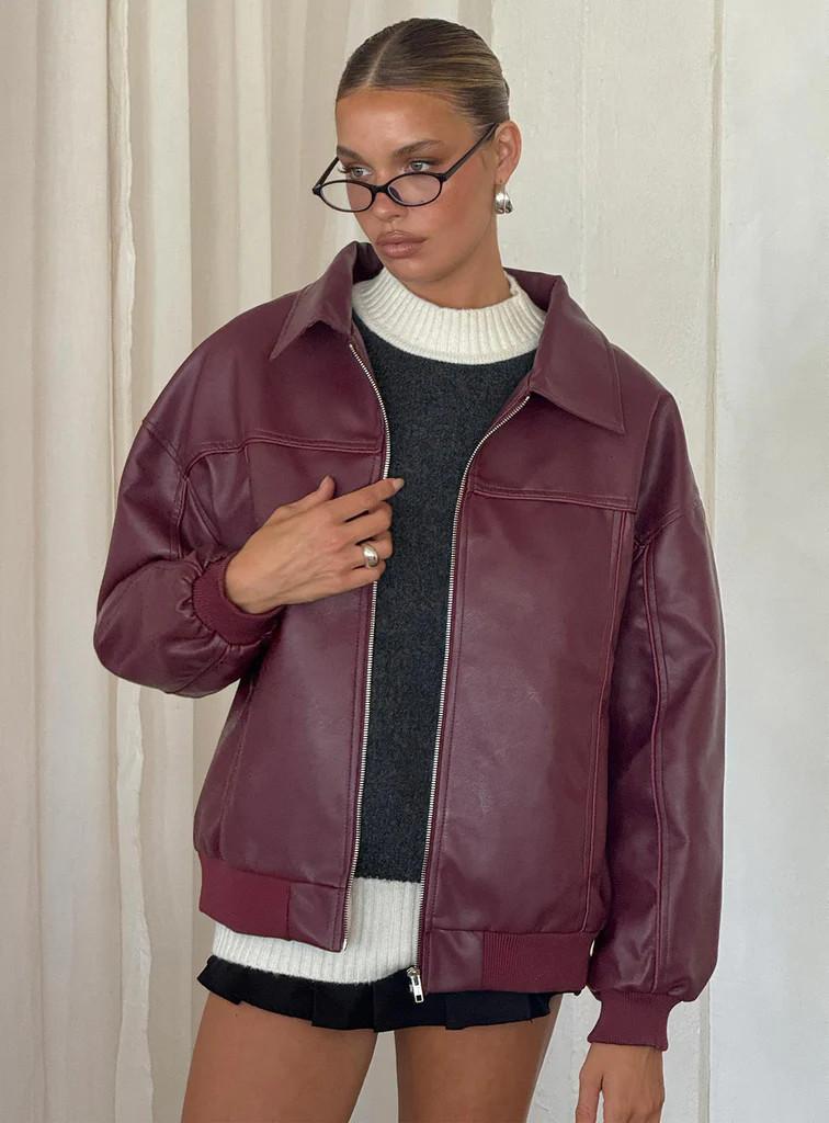 Goldsmith Faux Leather Bomber Jacket Burgundy | Princess Polly US