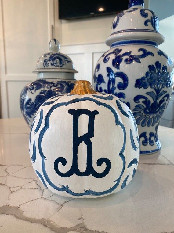 Monogram initial Chinoiserie hand painted pumpkins Large- 9 inches tallSmall- 6.5 inches tall | Etsy (US)