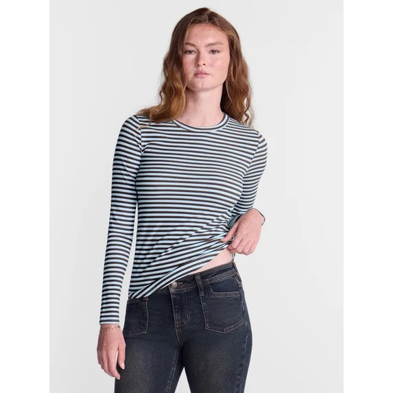 No Boundaries Ribbed Crewneck Tee with Long Sleeves, Women's & Women's Plus XXS-4X | Walmart (US)