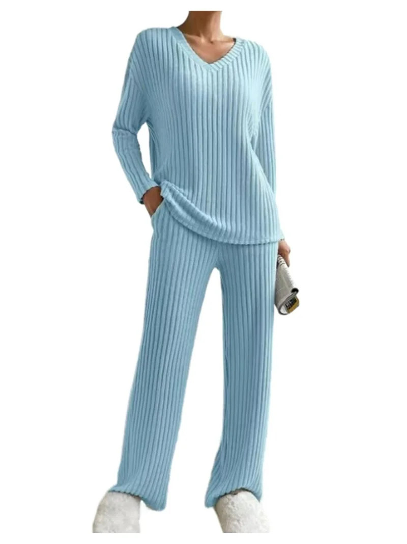 Lounge Sets for Women Ribbed Knit Outfits Pajamas Sets 2 Piece Long Sleeve Sweatsuits with Pocket... | Walmart (US)