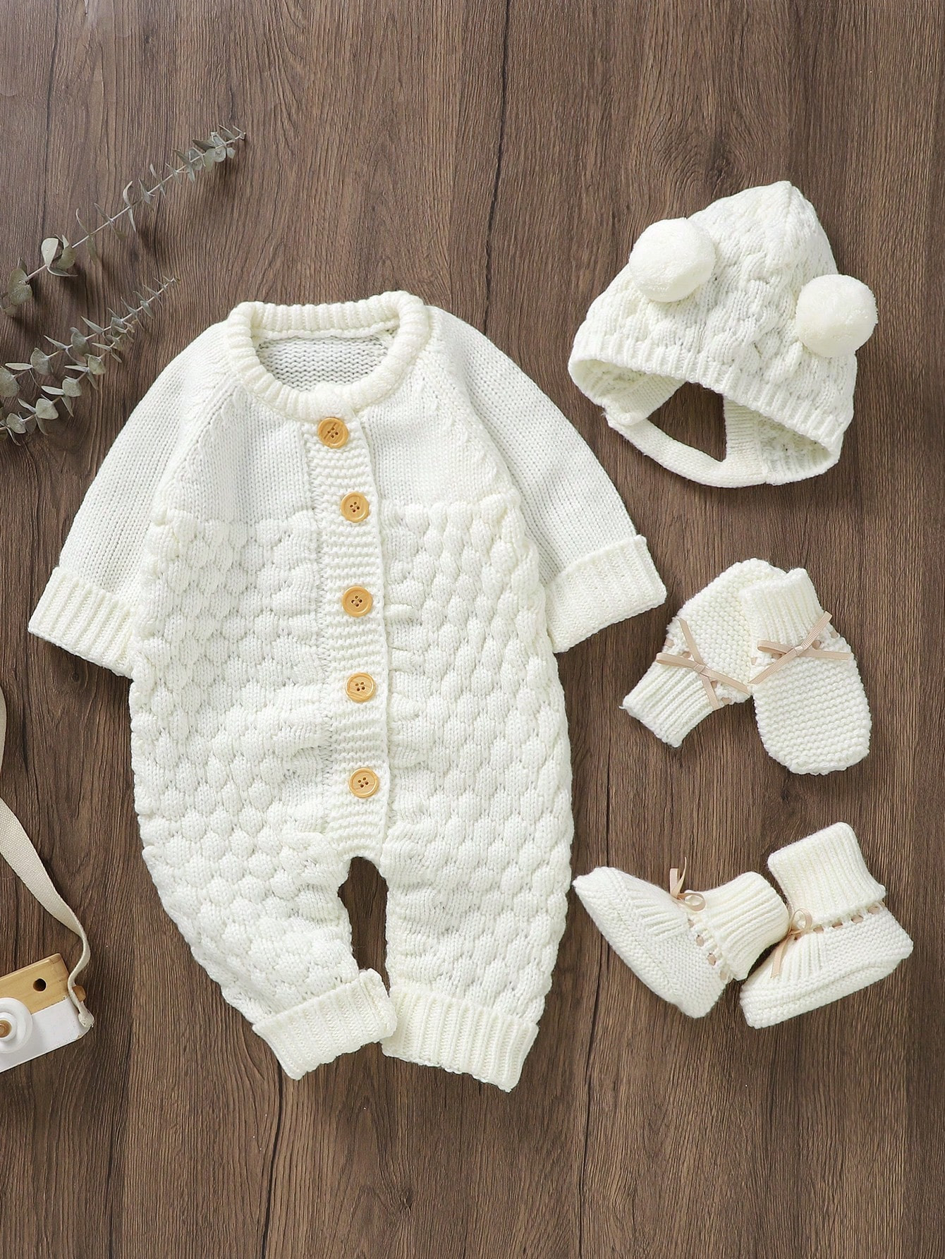 Baby Girl Raglan Sleeve Knit Jumpsuit & Hat & Shoes & Gloves | SHEIN