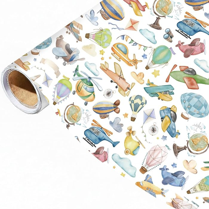 Pineraap Airplane Wrapping Paper Roll, Flying Adventure Watercolor Airplane,Hot Air Balloon,Helic... | Amazon (US)