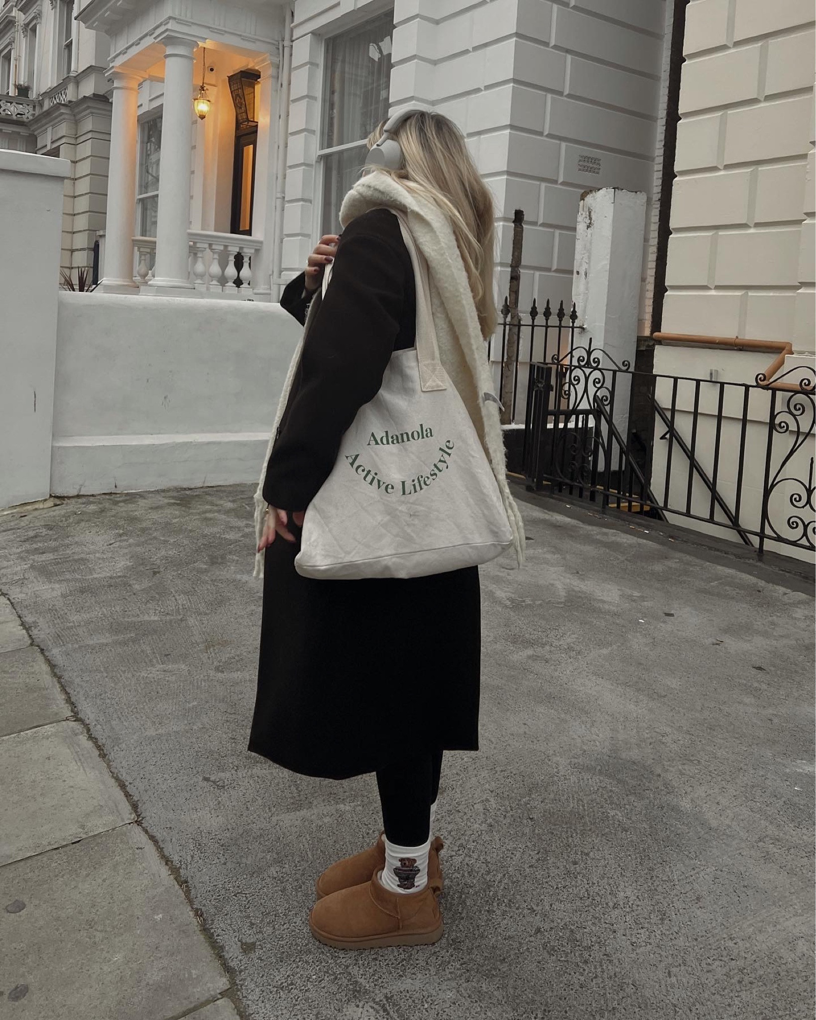 comfy cozy weekend outfit wearing a seamless ribbed jumpsuit/unitard, an oversized long black coat, adanola canvas tote bag, ralph lauren bear socks, brown ugg ultra mini boots ✨

#LTKstyletip #LTKSeasonal #LTKeurope