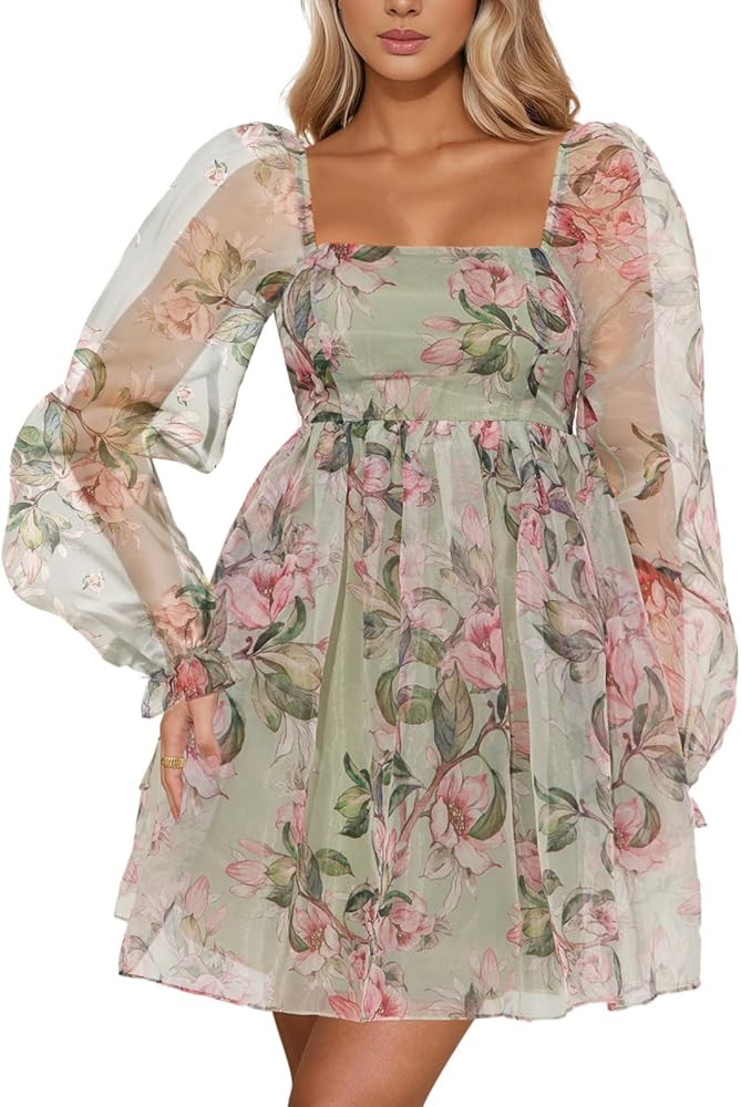 Aisbei Women's Square Neck Puff Sleeve Babydoll Dress Backless Casual A-Line Short Mini Dresses | Amazon (US)