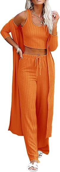 Womens Pajamas Set Fall Winter 3 Piece Loungewear Set Crop Vest Top Loose Pants and Cardigan Knitwea | Amazon (US)