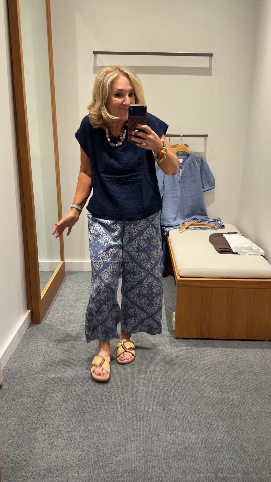 A satin twill pulll on bandana print pant super cute and relaxed size med petite top is a gauze size medium

#LTKSaleAlert #LTKOver40 #LTKootd