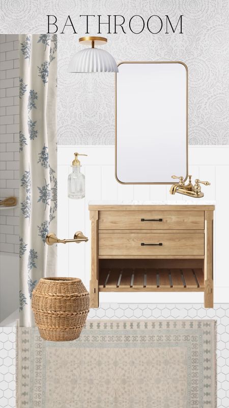Bathroom mood board. Vanity mirror, curtain to be used with shower curtain liner, wood vanity, wallpaper 

#LTKhome #LTKSeasonal #LTKstyletip