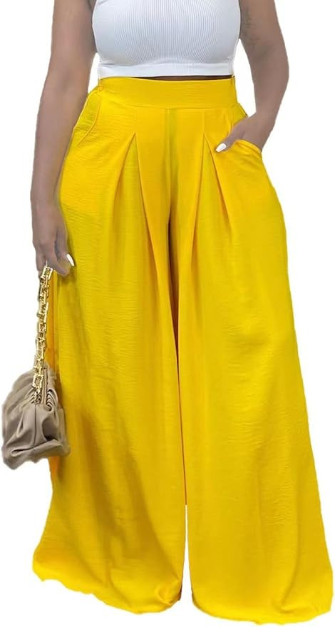 Flowy Pants for Women Casual High Waisted Wide Leg Palazzo Pants Trousers with Pocket Plus Size | Amazon (US)