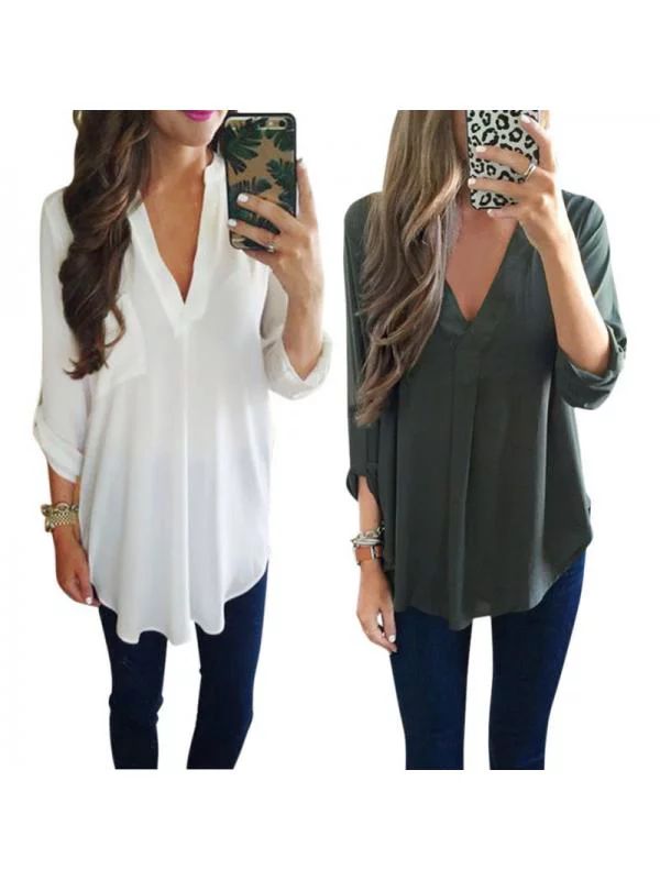 Women's Deep V Chiffon Long Sleeve T Shirt Blouse Casual Loose Tops | Walmart (US)