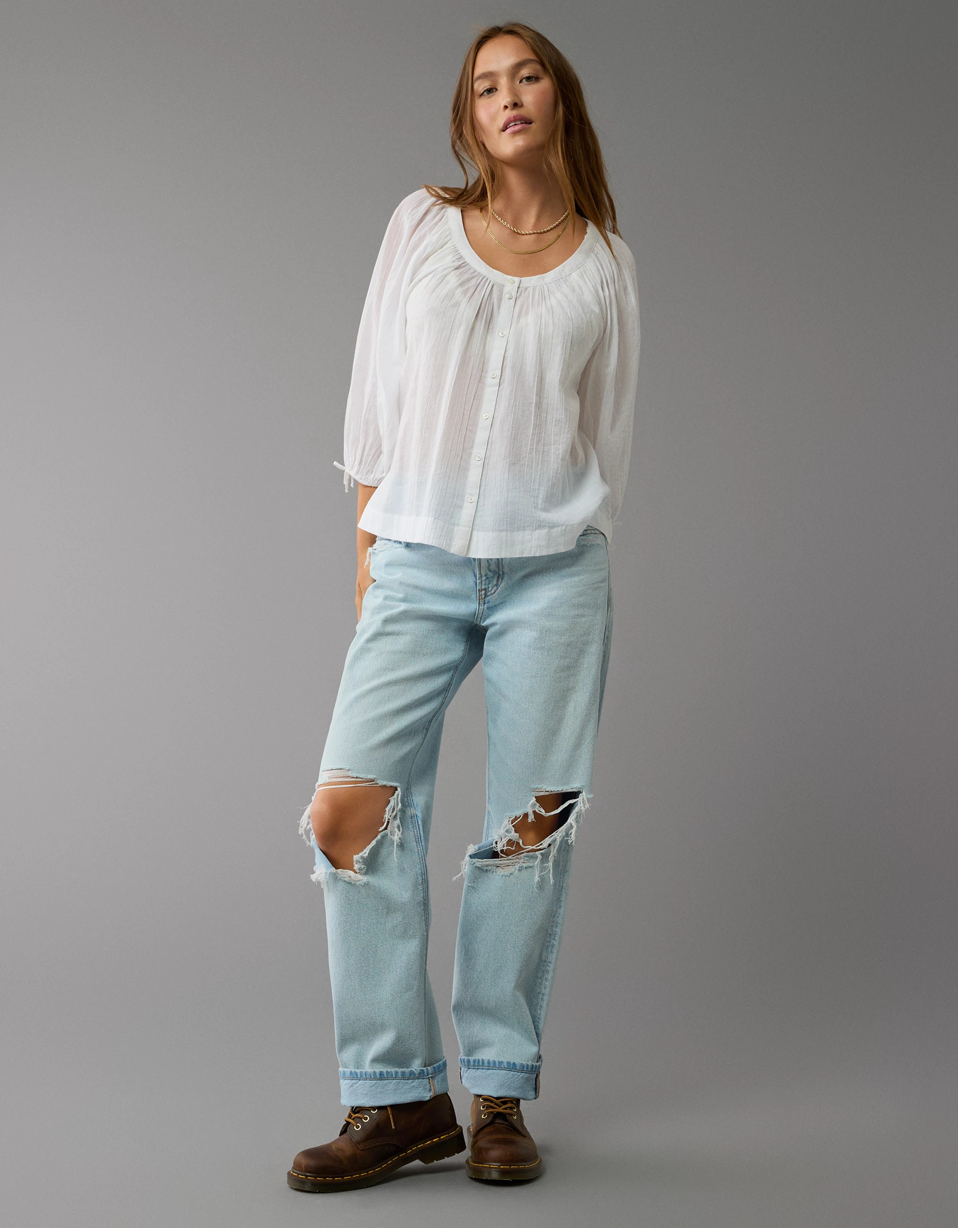 AE Long-Sleeve Open Neck Blouse | American Eagle Outfitters (US & CA)
