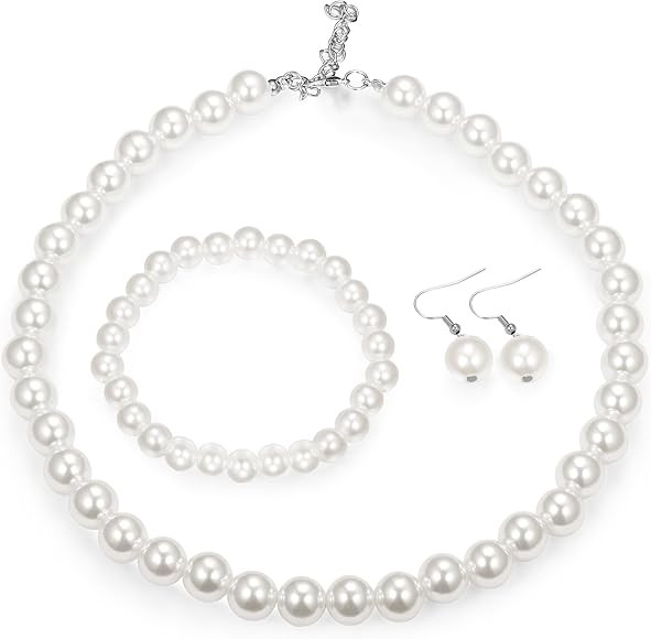 Finrezio Faux Pearl Crystal Necklace Earring Bracelet Set for Women Wedding Bridal Jewelry | Amazon (US)