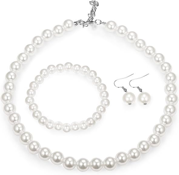 Finrezio Faux Pearl Crystal Necklace Earring Bracelet Set for Women Wedding Bridal Jewelry | Amazon (US)
