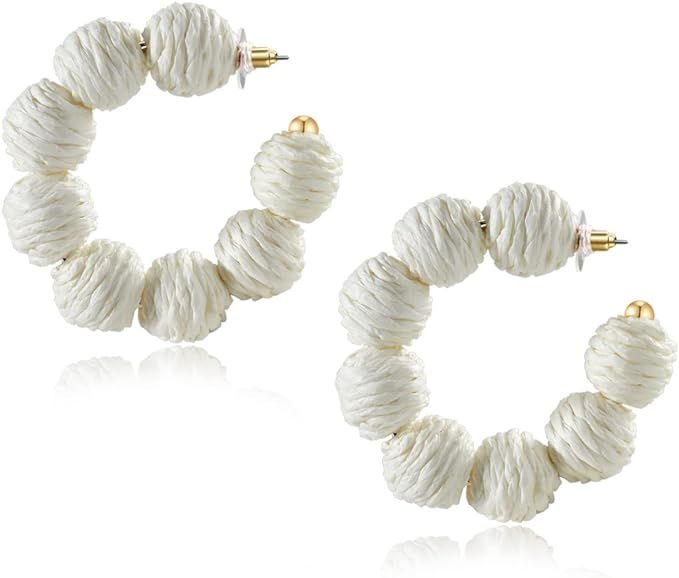 Amazon.com: Rattan Earrings Summer Boho Raffia Ball Hoop Dangle Earrings for Women Girls Lightwei... | Amazon (US)