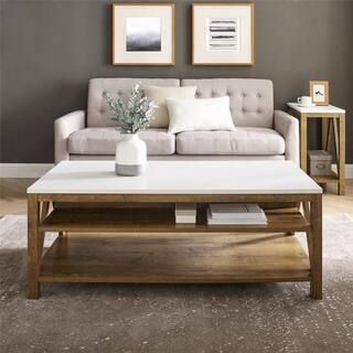 48 in. Faux White Marble/Natural Walnut Large Rectangle Wood Coffee Table with Shelf | The Home Depot