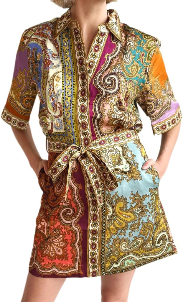 Women's Graffiti Mini Dress Retro French Court Style Button Drawstring Vintage Boho Colorful Shir... | Amazon (US)