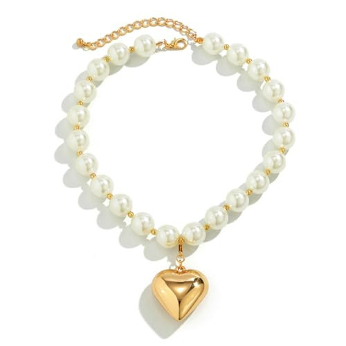 Heart Necklaces for Women Gold Chunky Heart Necklace Pearl Beads Choker Necklaces Y2k Necklace Trendy Jewelry Accessories Gifts (Pearl-Gold) | Amazon (US)
