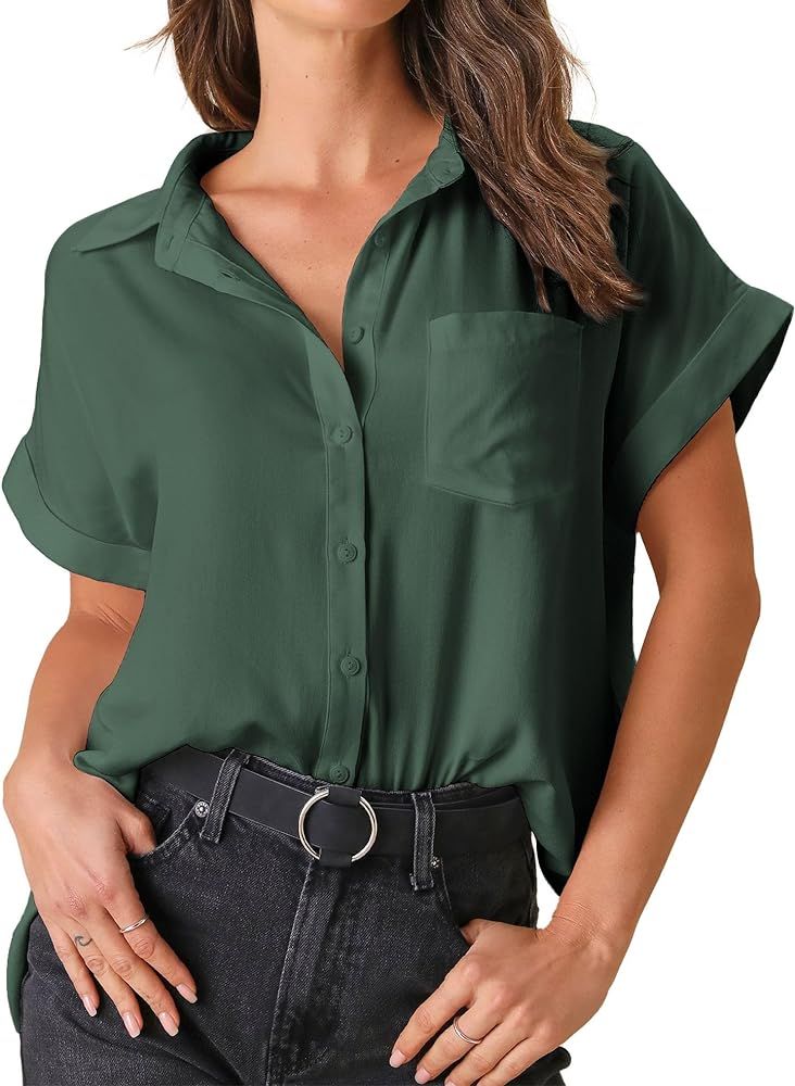 Meetrendi Women's Button Down Shirts Solid Blouse Batwing Short Sleeve Tops with Pockets | Amazon (US)