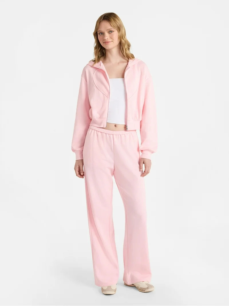 No Boundaries Embroidered Fleece Zip-Up Hoodie and Pants Set, 2-Piece, Women's | Walmart (US)