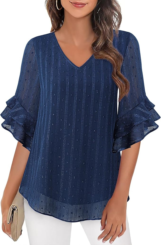 VALOLIA Womens Blouses 3/4 Sleeve Dressy Tops Business Casual Double Layers Shirts | Amazon (US)