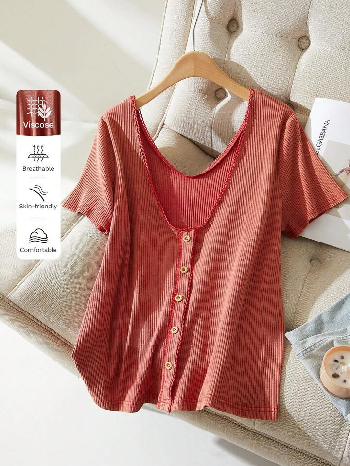 CosyJoli Plus Size Casual Ribbed Textured V-Neck T-Shirt | SHEIN