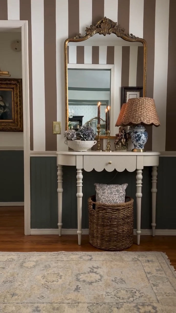 ✨I did a thing over the snowy weekend. And this project involved taking my own advice… “you’re not stuck.” If something isn’t working the way you envisioned, try again. The stripes are timeless and classically European, which speaks to me and my design style. This keeps the design cohesive that has taken me many years of trial and error to achieve. And, I just really love the result 🤍

#frenchcountrydecor #europeandesign #loveyourhome #cottagehome #entrywaydecor